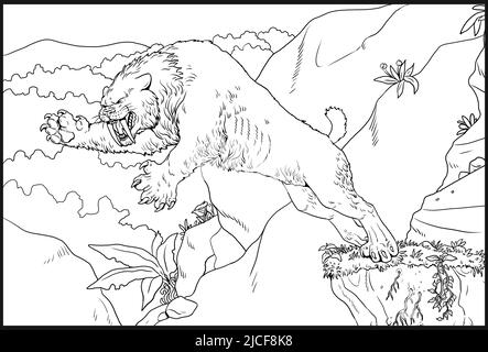 Säbelzahnkatze auf der Jagd. Tierzeichnung. Angriff mit Säbelzahnkatzen. Smilodon aus der Eiszeit. Stockfoto