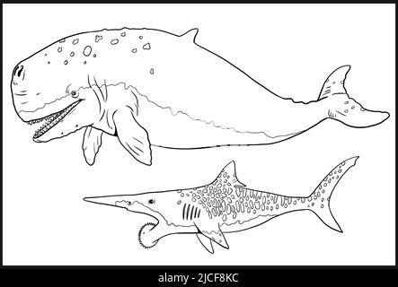 Prähistorischer Wal Livyatan und Hai Helicoprion. Silhouette Illustration mit ausgestorbenen Tieren. Vorlage für das Ausmalen. Stockfoto