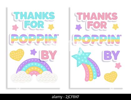 Set von zwei Geburtstagsfavour-Tags popi it Fidget Spielzeug Vektor-Design mit Illustrationen und Text. Happy Birthday Geschenk bedruckbare Karten oder Etiketten in Pastell p Stock Vektor