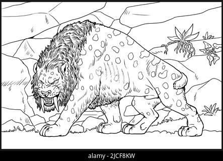 Säbelzahnkatze auf der Jagd. Tierzeichnung. Angriff mit Säbelzahnkatzen. Smilodon aus der Eiszeit. Stockfoto