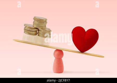 Geld und Herz auf rosa Hintergrund - Konzept der Frau und Liebe Priorität vor Geld im Leben Stockfoto
