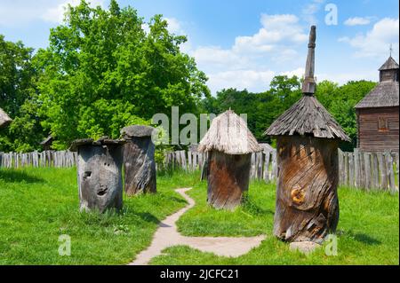 Alte Bienenstöcke auf dem Feld. Ukrainisches Wahrzeichen Stockfoto