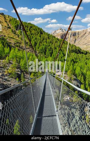 Hängebrücke über den Zmuttbach, Zermatt, Schweizer Alpen, Wallis, Schweiz Stockfoto