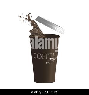 Kaffee zum trinken. Tasse Kaffee mit offenem Deckel und Kaffeespritzern. Vektorgrafik. EPS10. Stock Vektor
