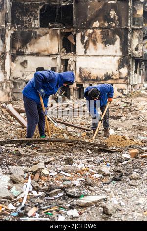 Zerstörte Häuser in Borodianka, Wiederaufbau nach Bombenanschlägen Stockfoto