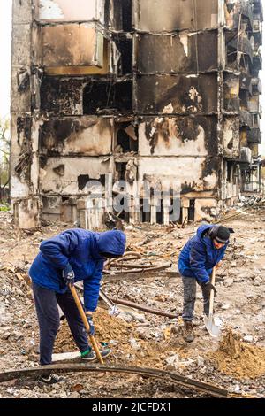 Zerstörte Häuser in Borodianka, Wiederaufbau nach Bombenanschlägen Stockfoto