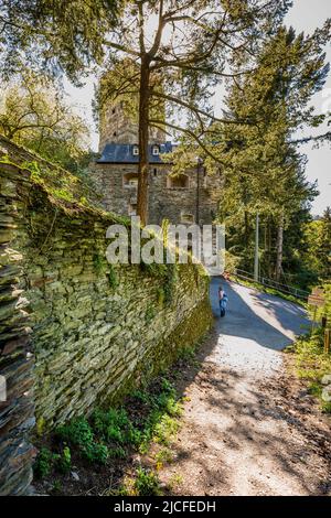 Gut erhaltenes und bewohntes Schloss Gutenfels bei Kaub (Mittelrhein) inmitten von Weinbergen am Rheinsteig, Stockfoto