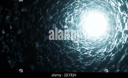 3D Rendern. Abstrakter dunkler Tunnel und helles Licht am Ende des Tunnels. Virtual-Reality-Raum, abstraktes Interieur. Stockfoto