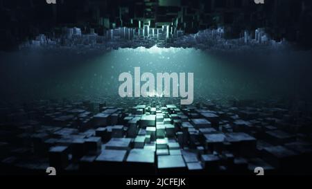 3D Abbildung. Futuristische leere Bühne. Moderne Hintergrundtechnologien. Virtual-Reality-Raum. Abstrakter Innenraum. Stockfoto