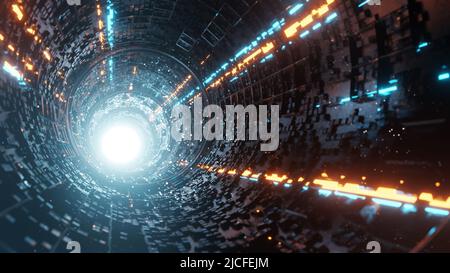 3D Rendern. Abstrakter dunkler Tunnel und helles Licht am Ende des Tunnels. Virtual-Reality-Raum, abstraktes Interieur. Stockfoto