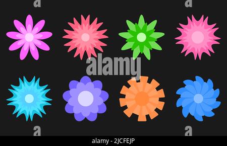 Blumen isoliert auf schwarzem Hintergrund. Set mit bunten Blumensymbolen. Blumen im flachen dasing-Stil. Vektorgrafik Stock Vektor