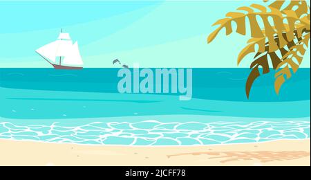 Horizontales Banner mit abstrakter Meereslandschaft mit Segelboot und Delfinen am Horizont, tropischer Strand im Hintergrund. Flache Grafik Als Vektorgrafik Stock Vektor