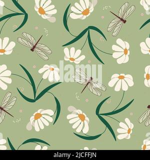 Knalliges, nahtloses Muster mit niedlichen Gänseblümchen-Blumen und Libelle. Flache Grafik Als Vektorgrafik Stock Vektor