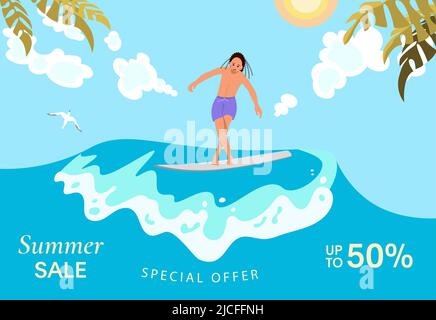 Weibliche Surferin reitet auf der barreled Rushing Wave. Super Summer Sale Helle bunte Banner. Flache Vektorgrafik Stock Vektor