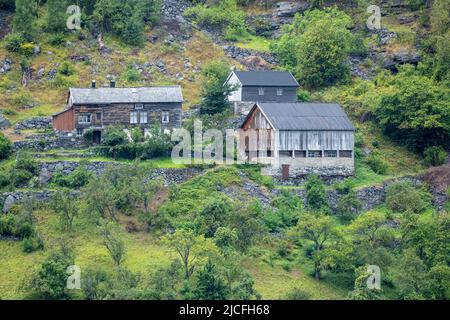 Norwegen, Møre Og Romsdal, Bauernhof in Geirangerfjord. Stockfoto