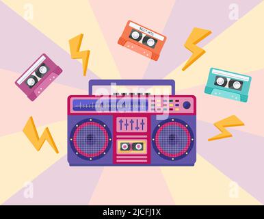 1990s Musik. Dynamische Boombox und Bänder isoliert. Audiorecorder Retro-Gerät von 80s 90s. Flache Vektordarstellung von bunten Boombox und Kassetten. Stock Vektor