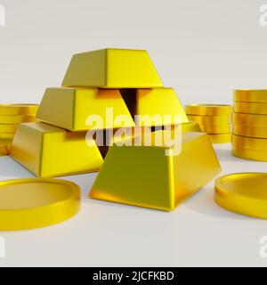 Goldbarren und Münzen auf flacher Oberfläche. Investition in Gold-Konzept. 3D Rendering-Illustration. Stockfoto