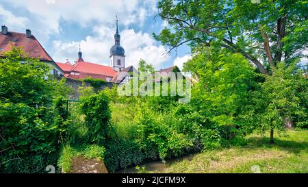 Stadtbefestigung, Kirchturm, Frühling, Stadtansicht, Prichsenstadt, Franken, Bayern, Deutschland, Europa, Stockfoto