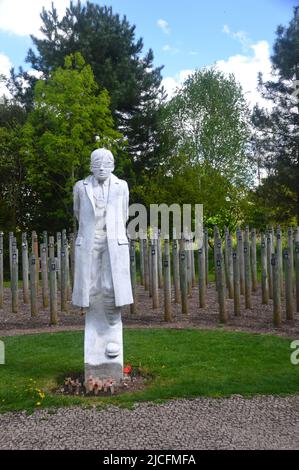 „Shot at Dawn“-Betonfigur eines jungen Soldaten mit verbundenen Augen und Holzpfosten im National Memorial Arboretum, Lichfield, Staffordshire, England Stockfoto