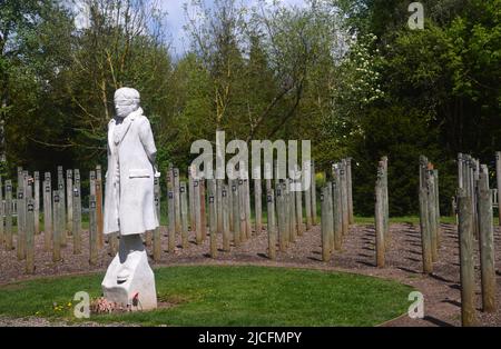 „Shot at Dawn“-Betonfigur eines jungen Soldaten mit verbundenen Augen und Holzpfosten im National Memorial Arboretum, Lichfield, Staffordshire, England Stockfoto