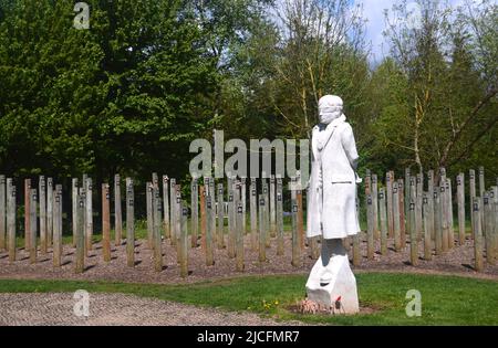 „Shot at Dawn“-Betonfigur eines jungen Soldaten mit verbundenen Augen und Holzpfosten im National Memorial Arboretum, Lichfield, Staffordshire, England Stockfoto