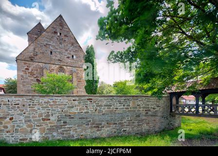 Maria Magdalena Kirche, Kirchenburg, Hausfassade, Sommer, Milz, Römhild, Thüringen, Deutschland, Europa, Stockfoto