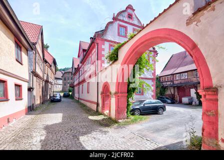 Weyhenhof, Adelsresidenz, Hausfassade, Fachwerkhaus, Dorfblick, Sommer, Wasungen, Thüringen, Deutschland, Europa, Stockfoto