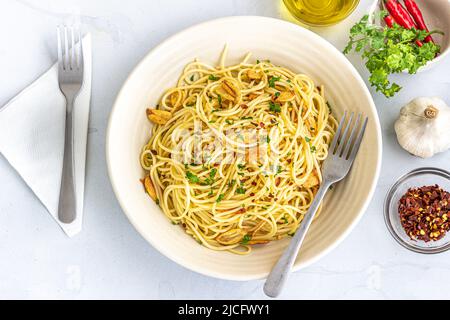 Eine Schüssel mit Hühnerfleisch Chow Mein mit Scallion und Sojasauce auf weißem Hintergrund Stockfoto