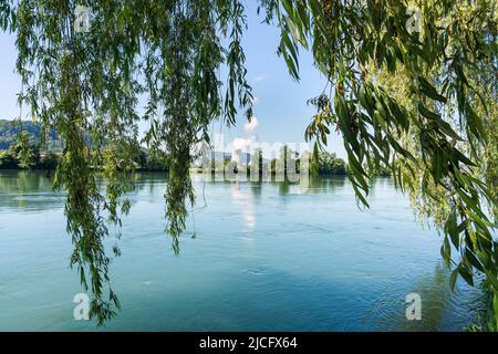 Rheinradweg, Blick vom deutschen Rheinufer zum Kernkraftwerk Leibstadt (Schweiz) Stockfoto