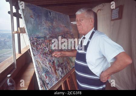 Genf, Schweiz. 16. Oktober 2009. Oskar KOKOSCHKA, AUT, Österreich, Maler, Grafiker, Dichter, steht auf der Leinwand und malt, Ölgemälde, Panorama, schaut aus dem Fenster, Halbfigur, Halbfigur, von der Seite, Profil, Undated Foto, c.1978, Quelle: dpa/Alamy Live News Stockfoto