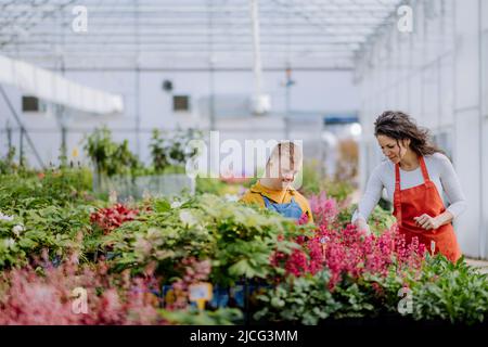 Erfahrene Frau Floristin hilft jungen Angestellten mit Down-Syndrom im Gartencenter. Stockfoto