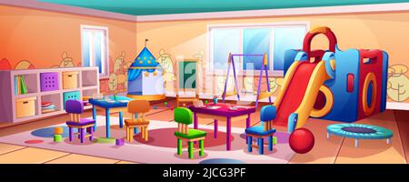Cartoon Kindergarten oder Vorschule Klassenzimmer Innenraum. Leeres Kinderzimmer mit Slider, Schaukel, Trampolin und Spielplatz. Kinderspielzimmer mit Spielzeug, Tischen und Stühlen, Malbrett und Bleistiften zum Zeichnen. Stock Vektor
