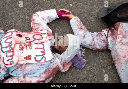 Coulport, Argyll, Schottland 13. Juni 2022 fünf ehemalige Greenham-Frauen und drei Mitglieder von Peace Pirates, einem Ableger von Trident Plowshares, führen eine Blockade im nuklearen Sprengkopflager von Coulport durch. Die ‘Greenham goss gefälschtes Blut auf sich selbst und inszenierten einen Einfall vor den Toren, der eine Seite des Eingangs in die Basis blockierte, während die Mitglieder von ‘Peace Pirates’ (pensionierter Lehrer Brian Quail, 84, mit einer Herztransplantation und durch einen kürzlichen Schlaganfall behindert, Willemien Hoogendorf aus Holland und Gillean Lawrence, eine Großmutter und Unterstützer von XR Peace) sperrten den Kreisverkehr weiter ein Stockfoto