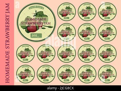 AUFKLEBER AUF GLÄSERN MIT HAUSGEMACHTER MARMELADE. BEERENKONFITÜRE.Erdbeere.Etiketten für das Konservieren. Vintage Küchenaufkleber. Stock Vektor