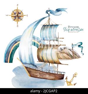 Schiff Aquarell Clipart isoliert auf weißem Hintergrund. Boot, Navigation. Kinderträume, Urlaub am Meer. Abenteuer.Aquarell Set von Postkarten Stockfoto