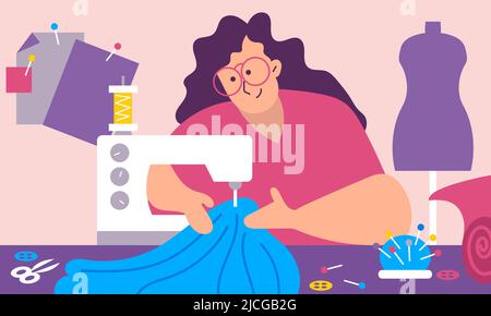 Frau Schneider Nähfabrik Shop und Handwerk Tuchmaschine. Weibliche Charakter Arbeiter Textil Vektor Illustration Konzept. Business-Atelitermeister und Klo Stock Vektor