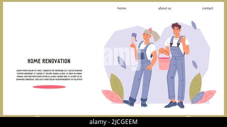 Startseite Renovierung und Dekoration Werke Website Banner-Vorlage mit Arbeitern Zeichen, flache Vektor-Illustration. Hausbemalung und Renovierung und Repai Stock Vektor