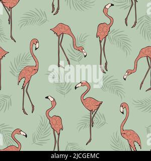 Nahtloses Vektormuster mit tropischem Vogel auf grünem Hintergrund. Strukturiertes Flamingo-Tapetendesign. Dekorative regen Wald Mode Textil. Stock Vektor