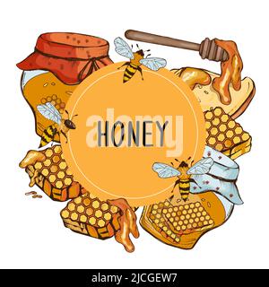 Honigbanner, Kreisrahmen oder Etikett handgezeichnete farbige gravierte Illustrationen. Banner oder Etikett für Honigpackungen Design und Bienenzucht, Bienenprodukte a Stock Vektor
