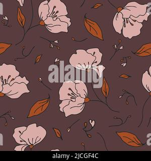 Nahtloses Vektor-Muster mit romantischen Blumen auf dunkelbraunem Hintergrund. Schlichtes Vintage-Floral-Tapetendesign. Stock Vektor