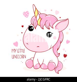 Niedliche Babykarte im Kawaii-Stil. Schönes Einhorn mit rosa Herzen. Inschrift Mein kleines Einhorn. Kann für T-Shirt-Print, Aufkleber, Grußkarte verwendet werden Stock Vektor