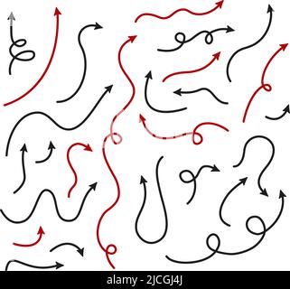 Große Set Pfeile und Richtungen Zeichen. Dünne Linie mit Pfeil. doodle-Stil. Vektor schwarze und rote Pfeile, isoliert auf weißem Hintergrund. Stock Vektor