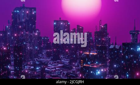 Metaverse City und Cyberpunk Konzept, 3D Stockfoto