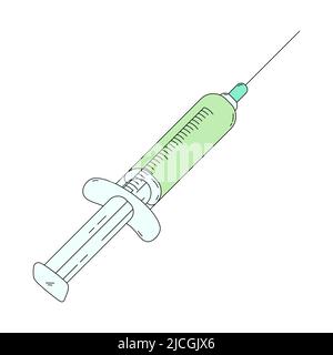 Medizinische Spritze mit Nadel im Cartoon-Stil. Vektordarstellung des Impfstoffs auf weißem Hintergrund isoliert Stock Vektor