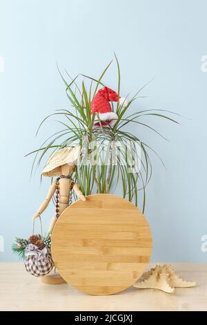 Weihnachten in scharfem Holz runde Zeichen mockup im Urlaub Sommer Hintergrund. Stockfoto