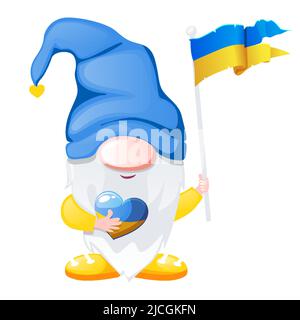 Ukrainische Gnome in den Farben blau und gelb in den Händen der Flagge der Ukraine und Herz. Stock Vektor