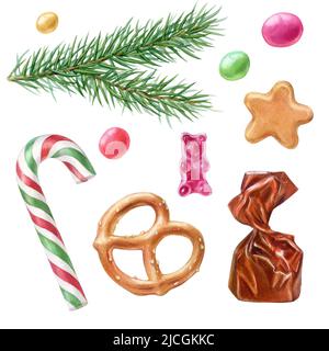 Weihnachtsset, Illustration mit Süßigkeiten und Tannenzweig Stockfoto