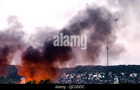 Der Stuttgarter Fernsehturm mit Konzertbeleuchtung und Feuerwerk von einem nahe gelegenen Rammstein-Konzert Stockfoto