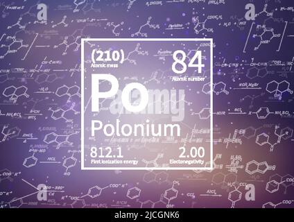 Chemisches Polonium-Element mit erster Ionisationsenergie, atomarer Masse und Elektronegativität auf wissenschaftlichem Hintergrund Stock Vektor