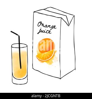 Abbildung einer Packung Orangensaft und eines Glases mit einem Strohhalm Stock Vektor
